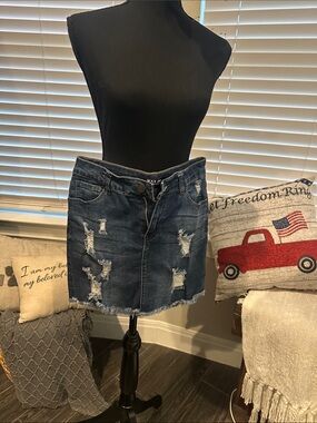 Wax Jean Distressed Dark Blue Denim Mini Skirt